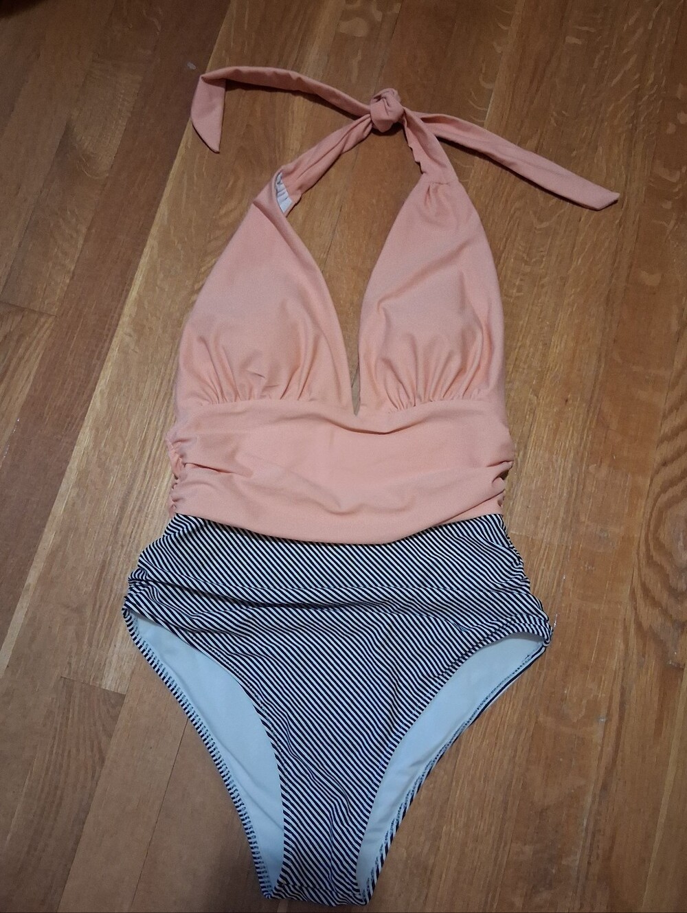 Cupshe Peach Halter One-Piece with Black & White Striped Bottom